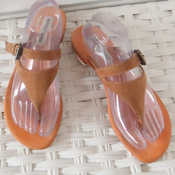 Manolo Blahnik Shoes - Manolo Blahnik Tan Suede Leather Thong Sandals Luxury Summer Flats Flip Flops 8